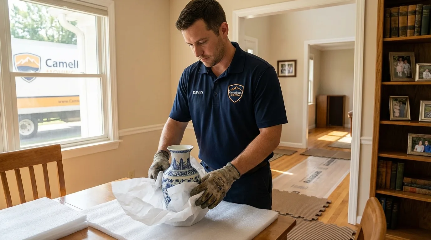 Professional crew carefully wrapping antique vase for senior downsizing move in Brush Prairie, WA